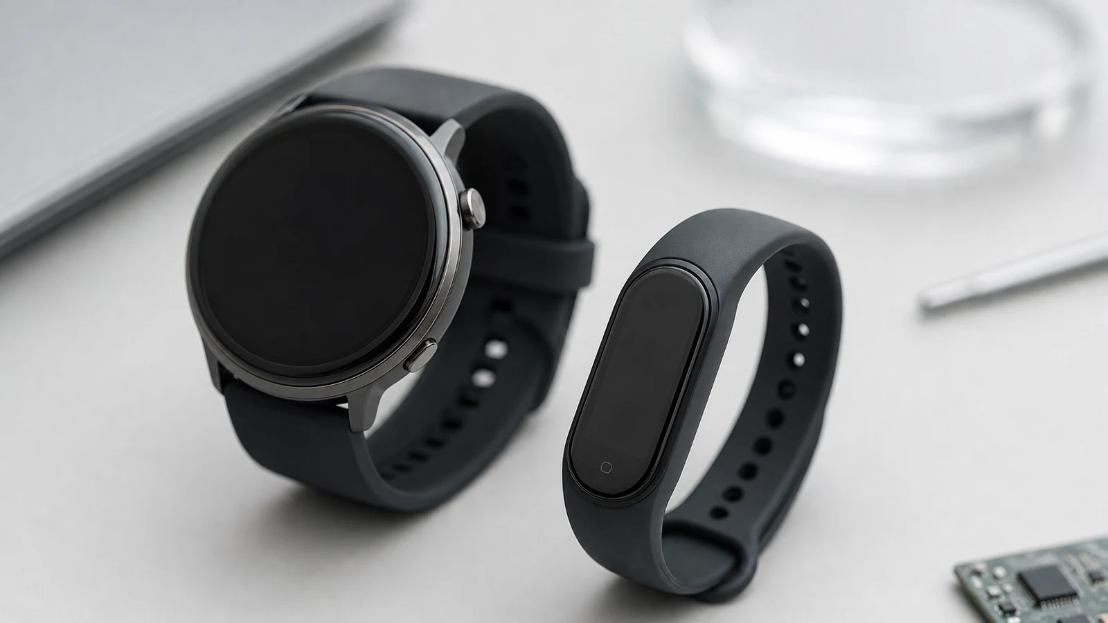 Modern wearable devices on a studio surface