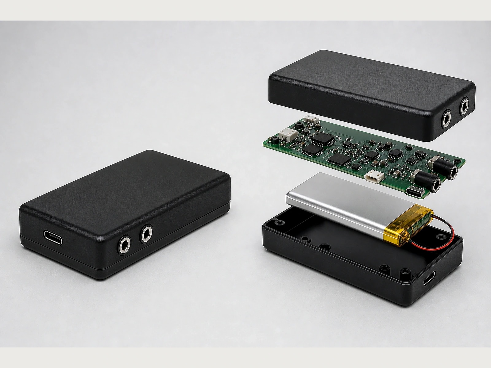 ECG/EMG acquisition device — exploded studio view